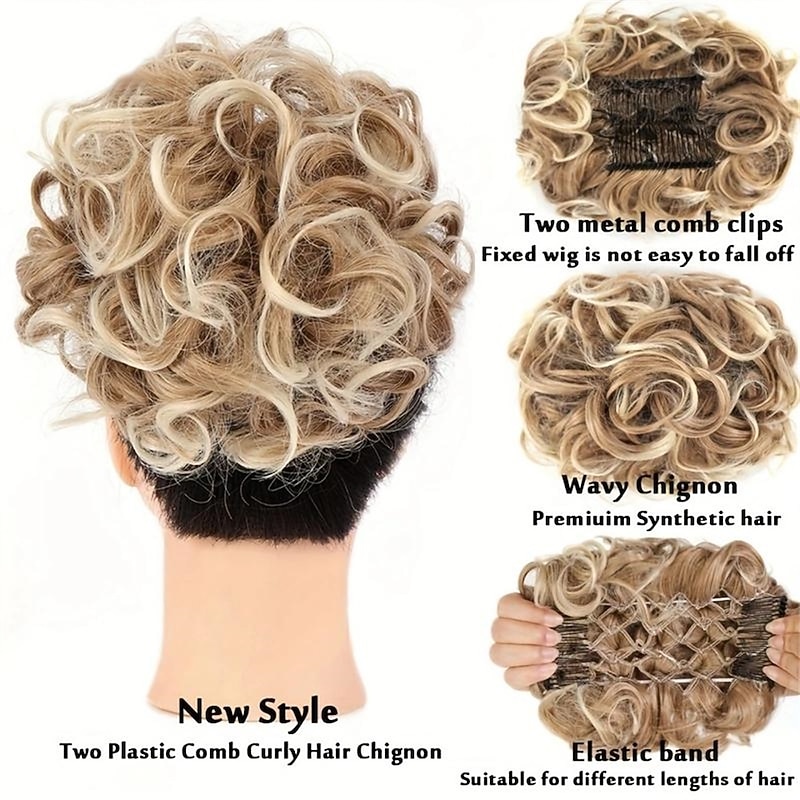 Synthetic Messy Curly Chignon With Rubber Band Hair Bun Two Plastic Comb Clip In Updo Cover Hair Ponytail For Women 25 Color3