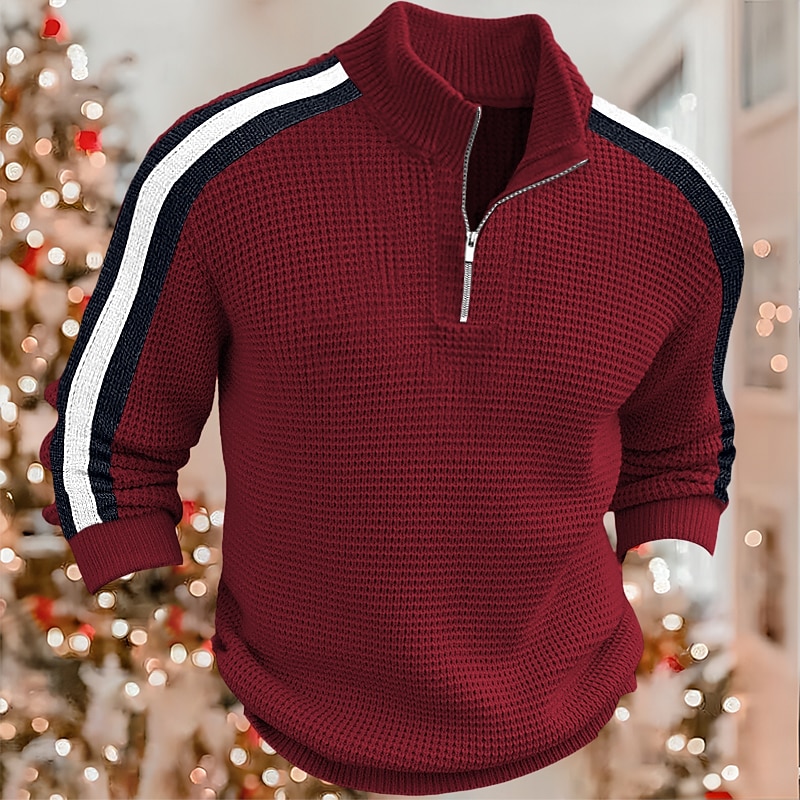 Men's Pullover Sweater Jumper Quarter Zip Sweaters Knit Sweater Ribbed Knit Regular Knitted Color Block Stand Collar Vintage Keep Warm Daily Wear Going out Clothing Apparel Winter2