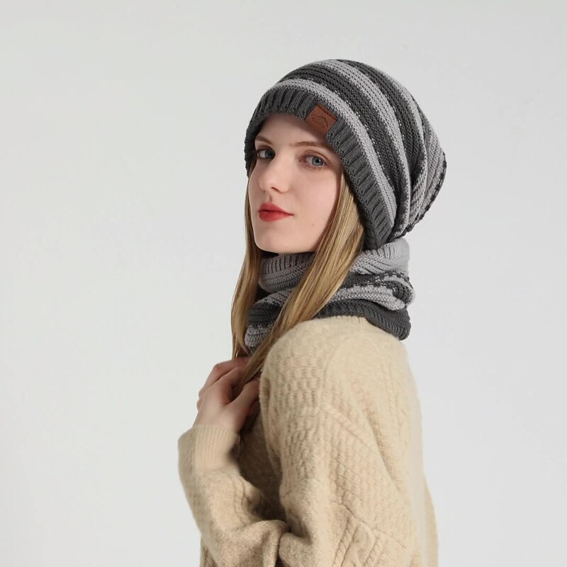 2pcs/set Women Winter Beanie Knitted Scarf & Hat Set Windproof Winter Warmer Cap for Outdoor Cycling Skiing2