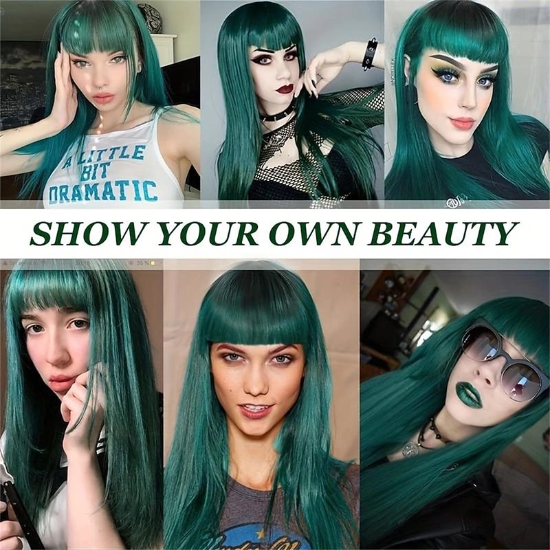 Ombre Green Wig 26 Inch Long Straight Wig With Bangs Synthetic Heat Resistant Cosplay Costume Halloween Wigs For Women Christmas Party Wigs3
