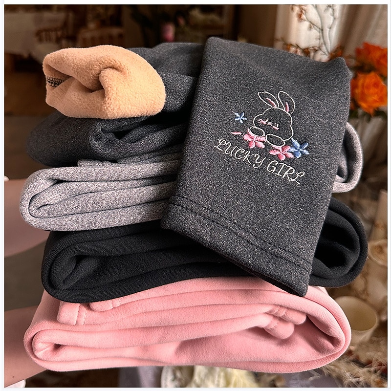 Kids Girls' Leggings Solid Color Adorable Embroidered Outdoor 7-13 Years Spring Black Pink Light Grey