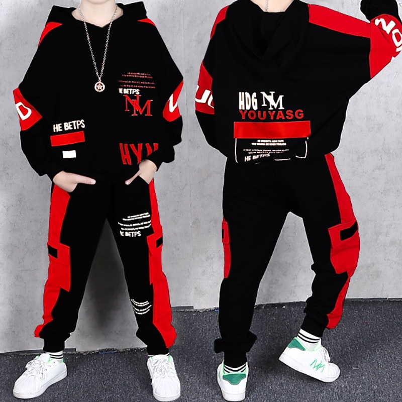 2 Pieces Kids Boys Hoodie & Pants Outfit Graphic Letter Long Sleeve Pocket Set Outdoor Fashion Cool Spring Fall 7-13 Years Black Dark Green4
