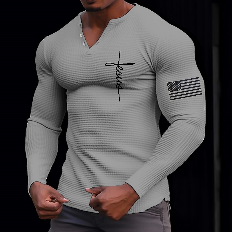 Men's Graphic Cross Henley Shirt Waffle T Shirt Long Sleeve 3D Print Fashion Designer Casual Sports Outdoor Holiday Festival Spring &  Fall Black White Yellow Green Gray Henley Henley T-Shirt3