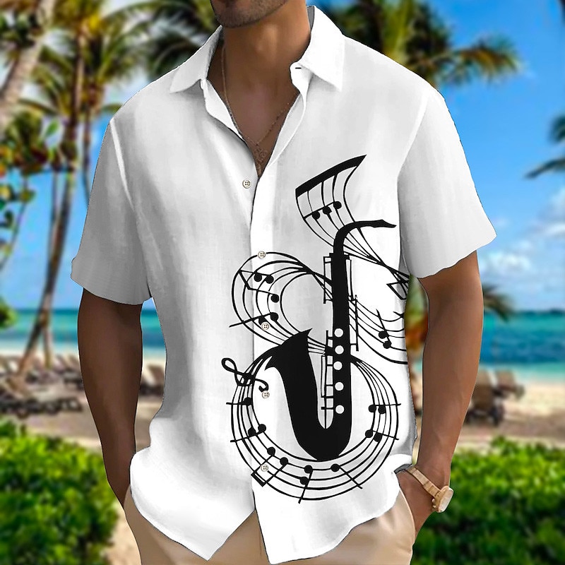 Men's Boardmasters Music Notes Shirt Summer Hawaiian Shirt Button Up Shirt Short Sleeves Fashion Designer Casual Outdoor Street Casual Summer Spring Turndown Print White Pink Blue Green