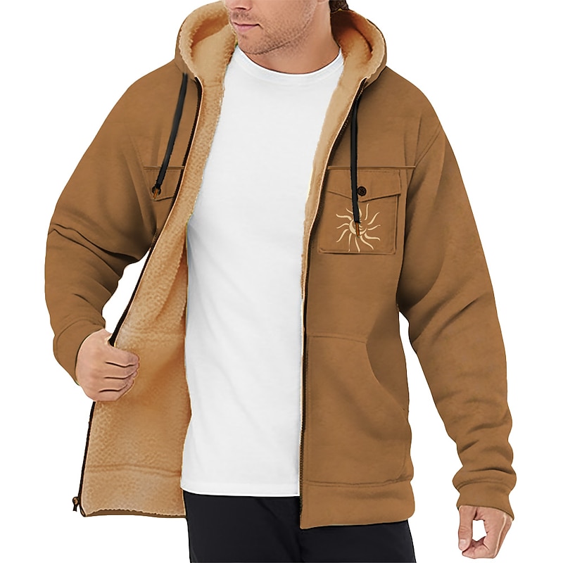 Men's Sun Graphic Prints Hoodie Hoodies Sweatshirt Daily Casual Long Sleeve Hooded Vacation Holiday Going out Light Brown Blue Multi Pocket Fleece Winter Designer2