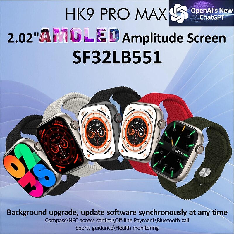 HK9 PRO MAX Smart Watch 2.02 inch Smartwatch Fitness Running Watch Bluetooth Pedometer Call Reminder Fitness Tracker Compatible with Android iOS Women Men Long Standby Hands-Free Calls Message