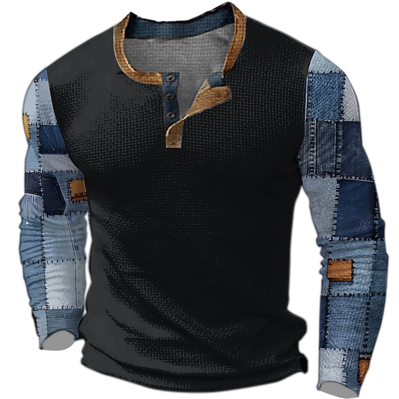 Men's Graphic Plaid Color Block Henley Shirt Waffle T Shirt Long Sleeve 3D Print Designer Casual Vintage Retro Sports Outdoor Holiday Festival Spring &  Fall Black Navy Blue Khaki Gray Henley Henley2