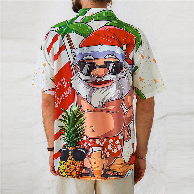 Christmas Men's Santa Claus Printed Shirts Santa Claus Casual Daily Wear Going out Autumn / Fall Turndown Short Sleeves Dark Red, White S, M, L 4-Way Stretch Fabric Shirt3