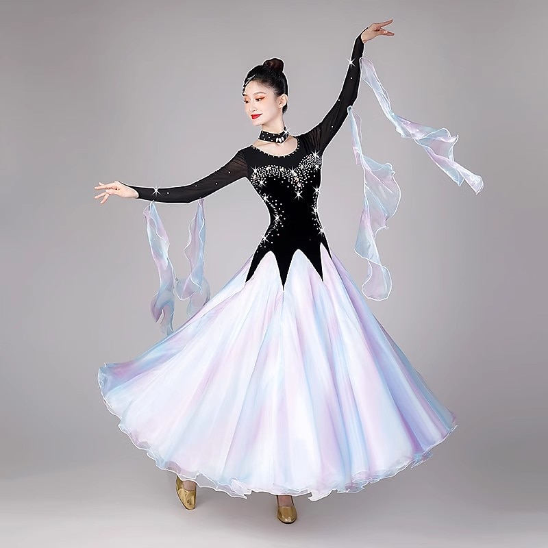 Ballroom Dance Dress Splicing Crystals / Rhinestones Women's Performance Party Long Sleeve Mesh Tulle Velvet3