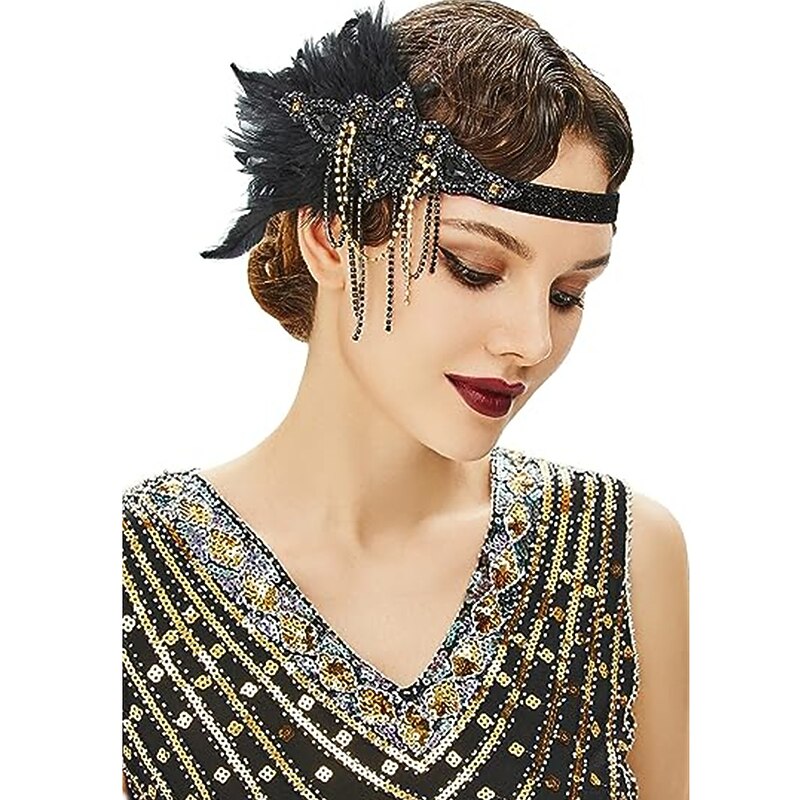 Feather Flapper Headpiece Black Rhinestone 1920s Headband the Great Gatsby Hair Accessories3