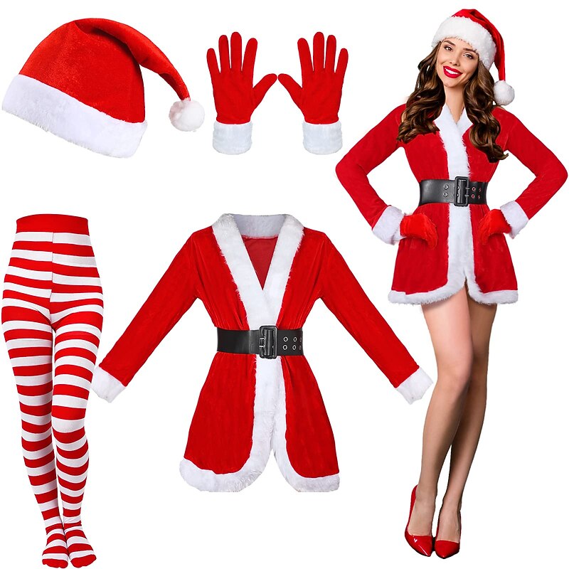 4 Pcs Santa Claus Mrs. Claus Cosplay Costume Women Christmas Suit Including Velvet Dress with Belt, Hat, Striped Tights Velvet Gloves