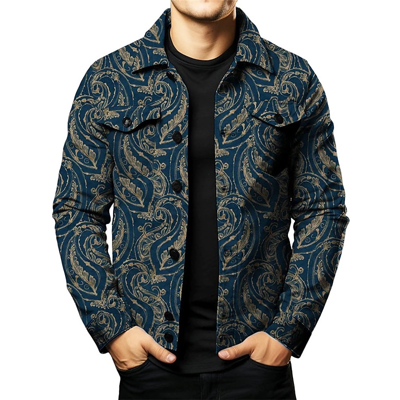 Men's Color Block Shirt Shirt Jacket Overshirt Long Sleeve Vintage Outdoor Street Casual Daily Fall & Winter Turndown Buttons Pocket Print Dark Navy Blue3