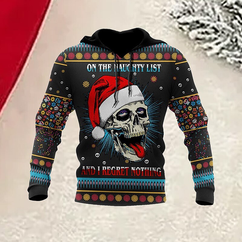 Christmas Men's Funny Christmas 3D Hoodies Pullover Red & Black Green Black Red Hooded Skull Graphic Prints Print  Daily Sports 3D Print Basic