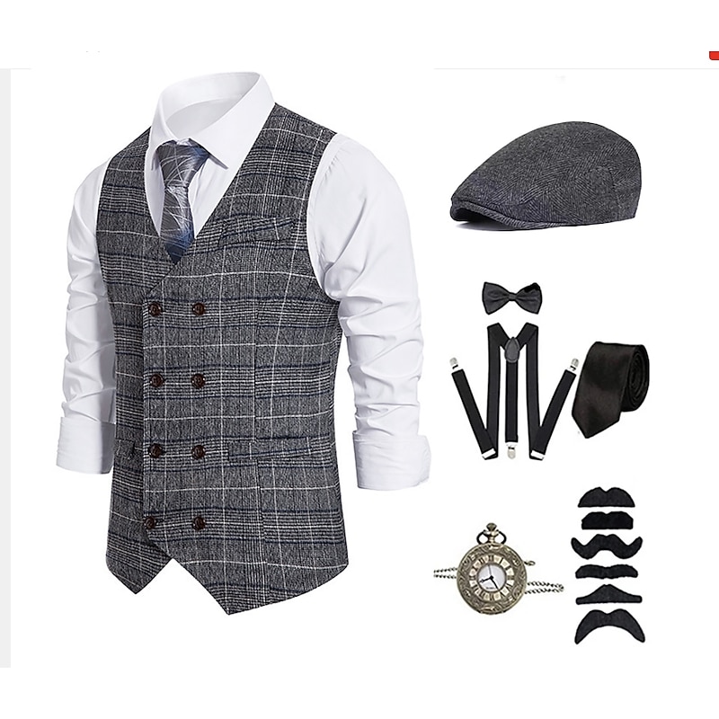 Retro Vintage 1920s Vintage Inspired Outfits Party Costume Masquerade Cosplay Plaid Checkered Collarless Fancy Dress Men's Halloween Carnival Masquerade Halloween Casual Daily Party / Cocktail Adults'4