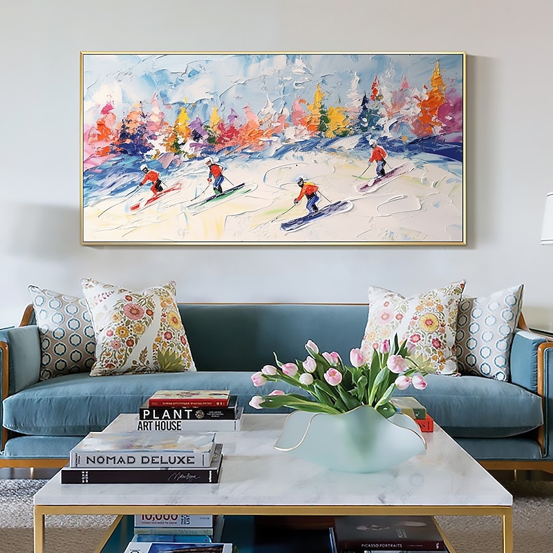 Handmade Oil Painting Canvas Wall Art Decor Original Skiing Sports Painting for Home Decor With Stretched Frame/Without Inner Frame Painting2