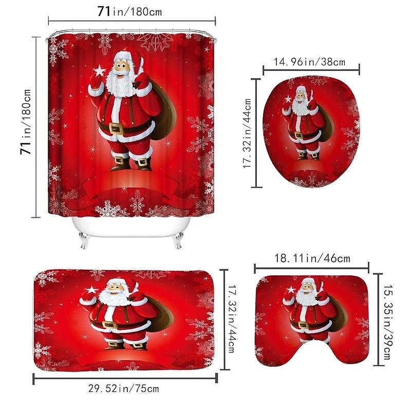 Bathroom Red Santa Claus Shower Curtain, Christmas Holiday Winter Bathroom Decor Toilet Lid Mat, Non-Slip Bathroom Rug, Toilet U-Shape Mat, Toilet Lid Cover Pad, With 12 Hooks, Christmas Decorations3