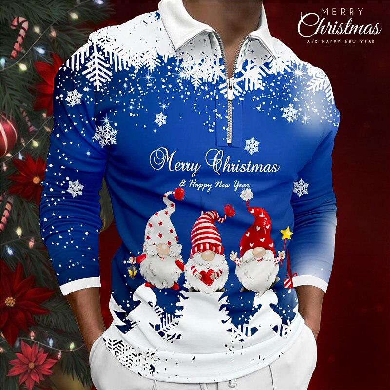 Christmas Men's Christmas Scene 3D Zipper Polo Santa Claus Snowflake Casual Print 3D Zip Golf Outdoor Casual Daily Streetwear Polyester Long Sleeve Turndown Zip Shirts Blue Fall & Winter S M L Lapel2