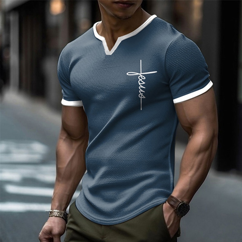 Men's Letter Faith Graphic Tee Waffle T Shirt Short Sleeve T shirt 3D Print V Neck Shirt Designer Casual Outdoor Vacation Daily Blue Brown Green Spring & Summer Clothing Apparel S M L XL 2XL 3XL3