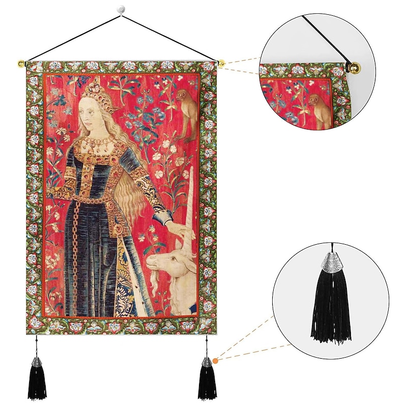 Pack of 2 Vintage Medieval Woven Wall Tapestry Art Decor Blanket Curtain Hanging Home Bedroom Living Room Decoration Nordic Cotton Linen Tassel 14" x 20"3