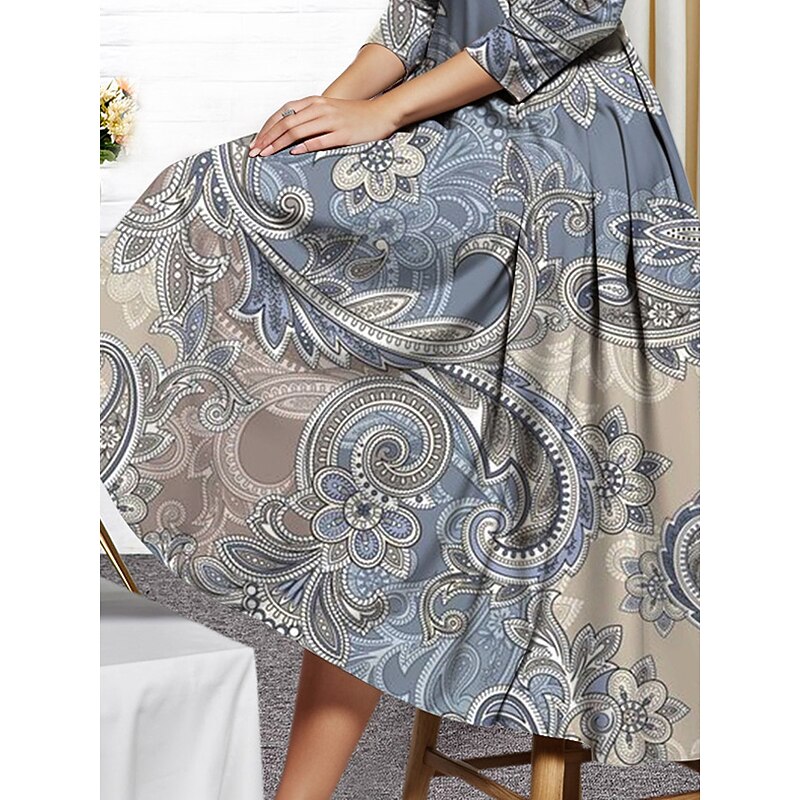 Women's Midi Dress Party Dress Cocktail Dress Wedding Guest Dress Swing Dress Fashion Party Modern Formal Winter Dress Vacation Regular Fit Floral 3/4 Length Sleeve Deep V Blue Spring Fall Winter3