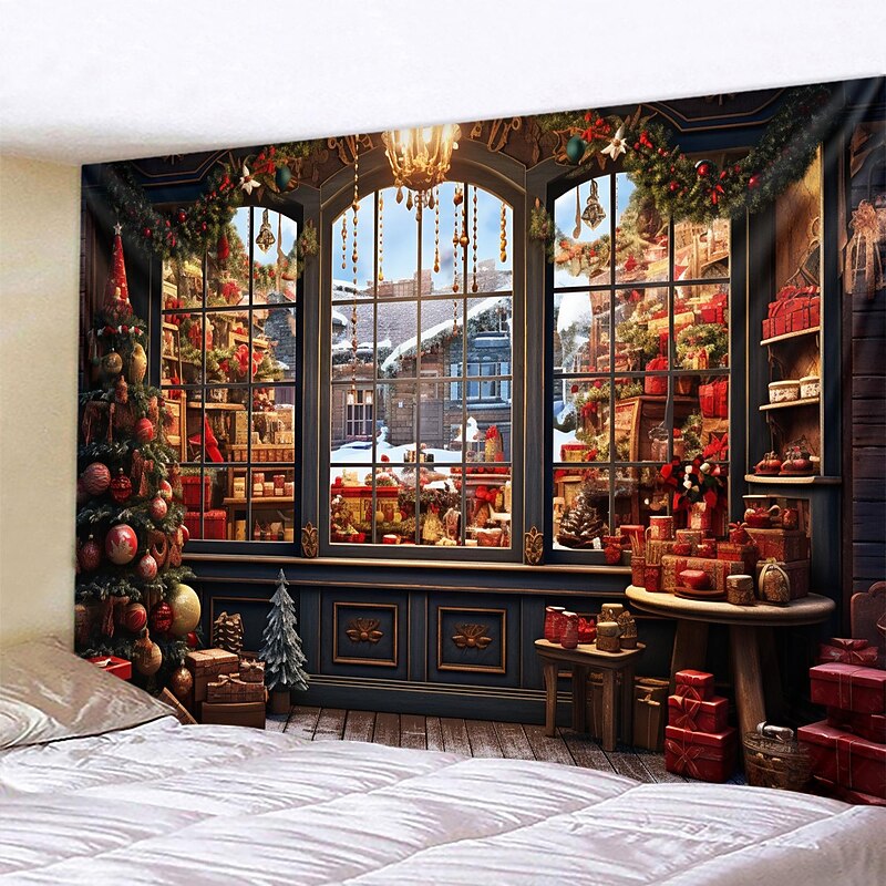 Christmas Decorations Window Town View Hanging Tapestry Wall Art Xmas Large Tapestry Mural Decor Photograph Backdrop Blanket Curtain Home Bedroom Living Room Decoration2