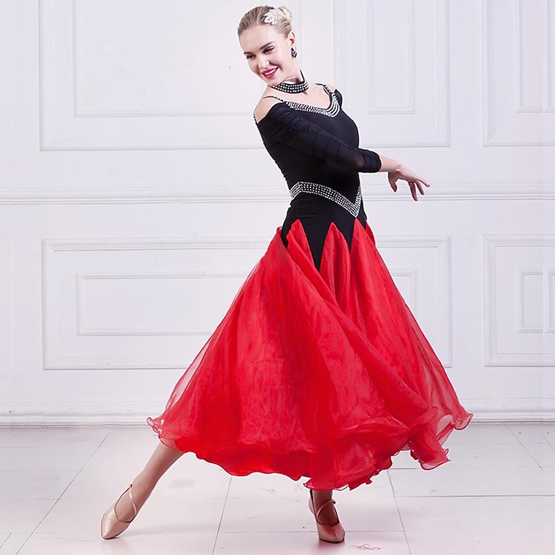 Ballroom Dance Dress Splicing Crystals / Rhinestones Women's Performance Party 3/4 Length Sleeve Mesh Spandex Organza3