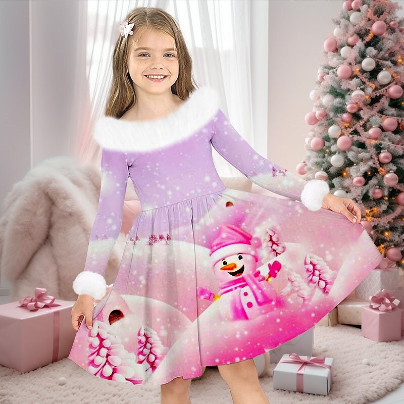 Girls' 3D Santa Claus Snowman Snowflake Dress Long Sleeve 3D Print Fall Winter Sports & Outdoor Daily Holiday Cute Casual Beautiful Kids 3-12 Years Casual Dress Swing Dress A Line Dress Above Knee