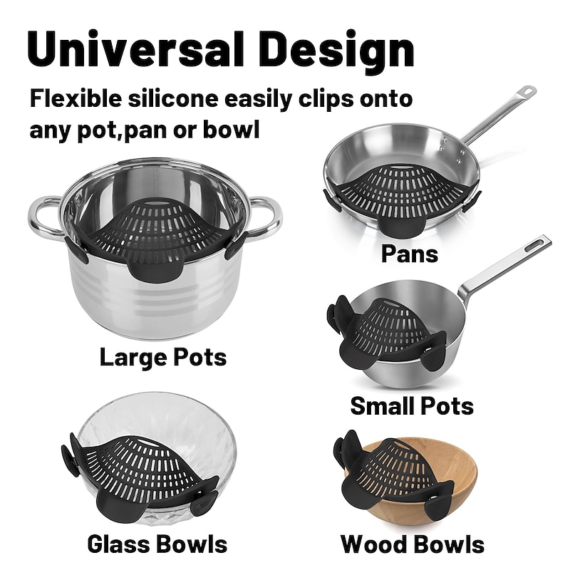 Pasta Strainer for Kitchen, Pot Strainer Clip on Strainer Colander Silicone and Colanders for Spaghetti Noodle Food Pan3
