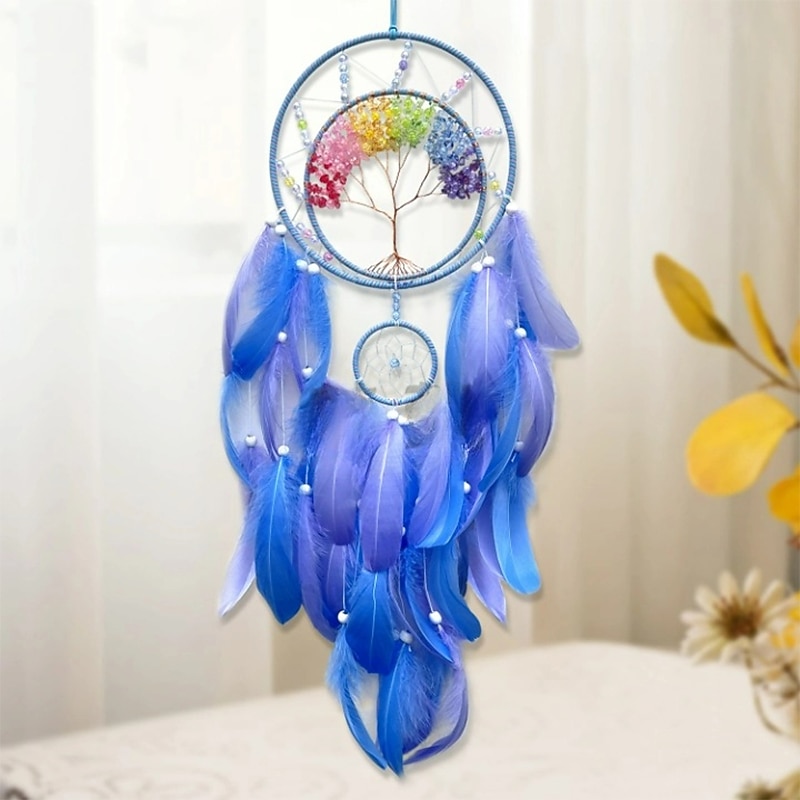 Life of Tree Dream Catcher Handmade Gift with Blue Feather Hook Flower Wind Chime Ornament Wall Hanging Decor Art Boho