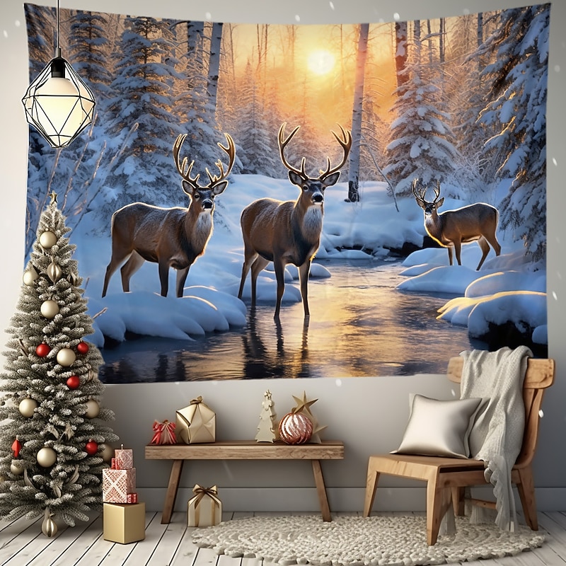 Winter Wonderland Hanging Tapestry Wall Art Large Tapestry Mural Decor Photograph Backdrop Blanket Curtain Home Bedroom Living Room Decoration Snow Reindeer 7
