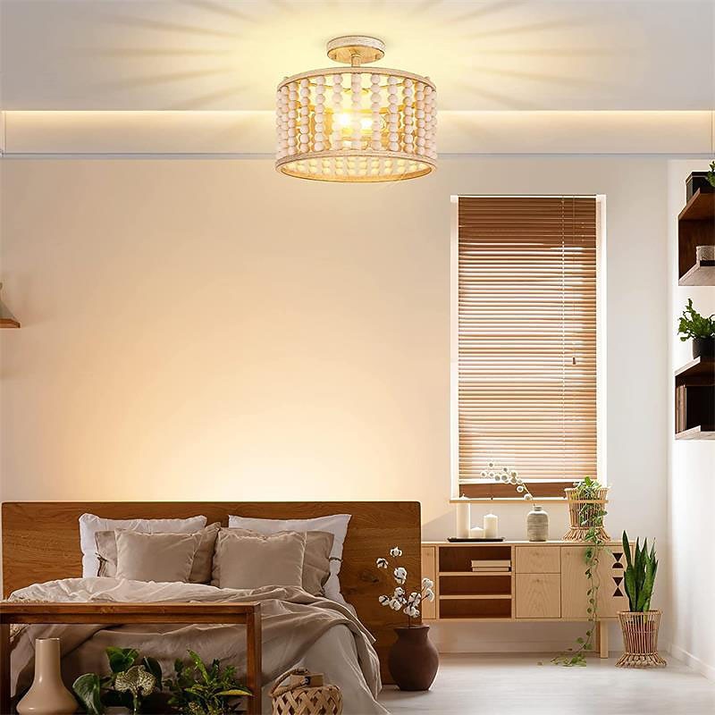 Bohemian Farmhouse Chandelier Wood Beaded Ceiling Light Fixture, Rustic Semi Flush Mount Ceiling Light Fixture, Black 2-Light Nursery Chandelier for Kitchen Island Foyer Hallway Bedroom Living Room, E26 Base 110-240V4