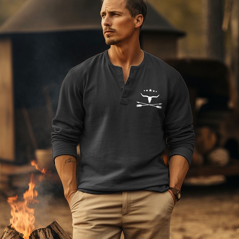 Men's Graphic Camping Cowboy Henley Shirt Long Sleeve 3D Print Daily Casual Vintage Retro Sports Outdoor Casual Going out Spring &  Fall Black Navy Blue Brown Army Green Gray Henley Henley T-Shirt3