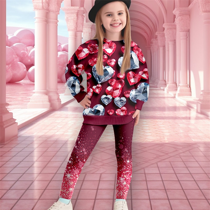 Girls' 3D Heart Sweatshirt & Legging Set Set Long Sleeve 3D Print Fall Winter Active Fashion Daily Kids 3-12 Years Crew Neck Outdoor Vacation Date Regular Fit2