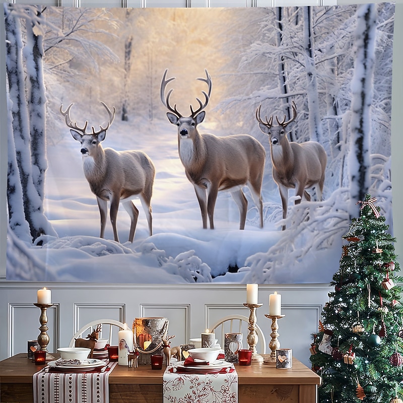 Winter Wonderland Hanging Tapestry Wall Art Large Tapestry Mural Decor Photograph Backdrop Blanket Curtain Home Bedroom Living Room Decoration Snow Reindeer 13