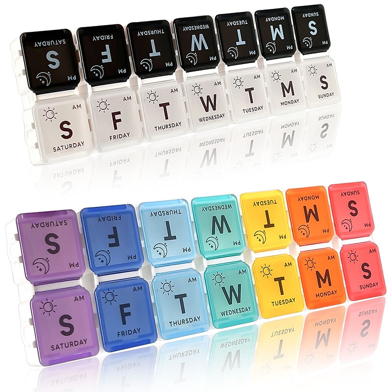 Portable 14-Grid Pill Box with Double Rows and Seven Days of Separation - Large Capacity Medicine Organizer with Open Cover for Morning and Afternoon Dosing