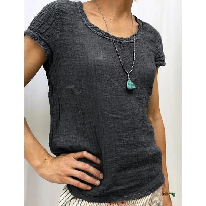 Women's Shirt Blouse Cotton Linen Shirts Plain Basic Short Sleeve Round Neck Regular Tops Casual White Pink Sky Blue Green Light Grey 9