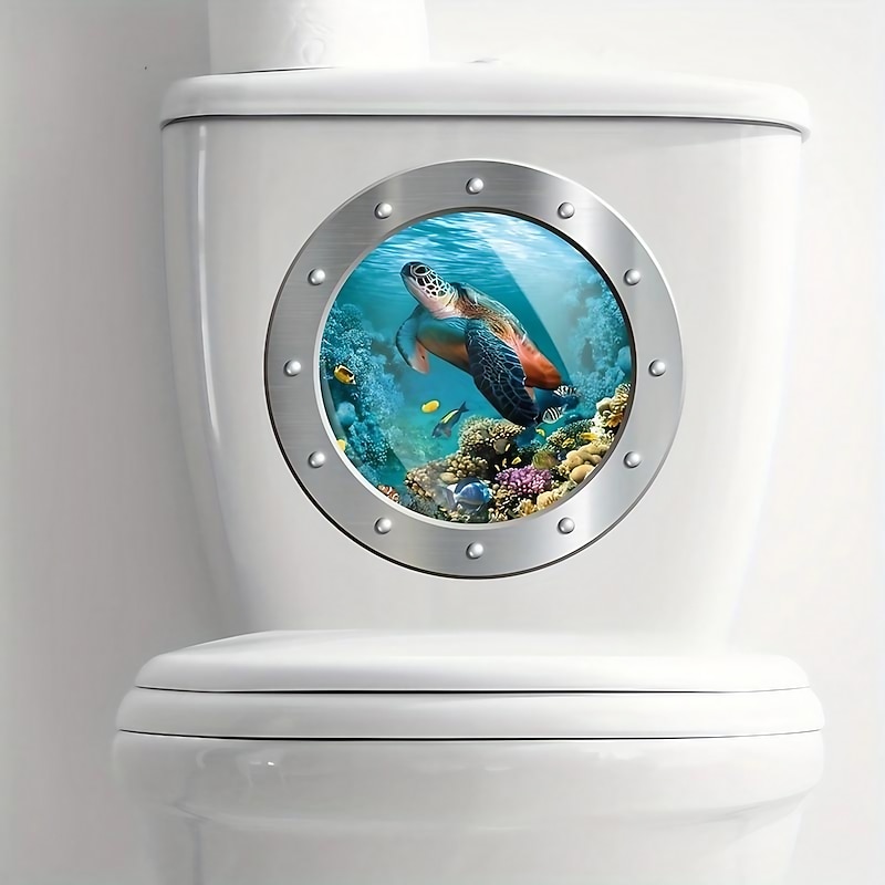 1pc 3D Turtle Toilet Sticker, Undersea Fake Submarine Window Pattern, Self-Adhesive Toilet Lid Decals