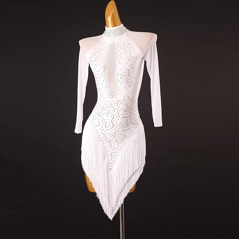 Dance Salsa Latin Dance Dress Tassel Pure Color Splicing Women's Performance Training Long Sleeve Chinlon Mesh Spandex