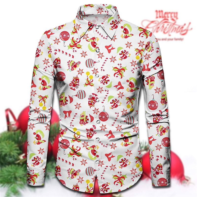 Christmas Men's Christmas Scene Printed Shirts Snowman Tree Casual Outdoor Street Fall & Winter Turndown Long Sleeve Red Green Gray S M L Shirt