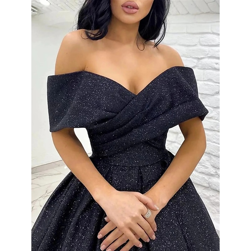 A-Line Prom Dresses Elegant Dress Black Tie Gala Sweep / Brush Train Short Sleeve Off Shoulder Sequined with Glitter Pleats4