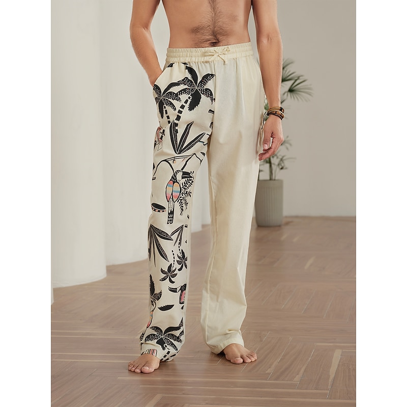 Men's Coconut Tree Graphic Prints Linen Pants Trousers Summer Pants Mid Waist Streetwear Hawaiian Designer Casual Daily Holiday Drawstring Elastic Waist 3D Print Spring & Summer 3D Print Blue Khaki2