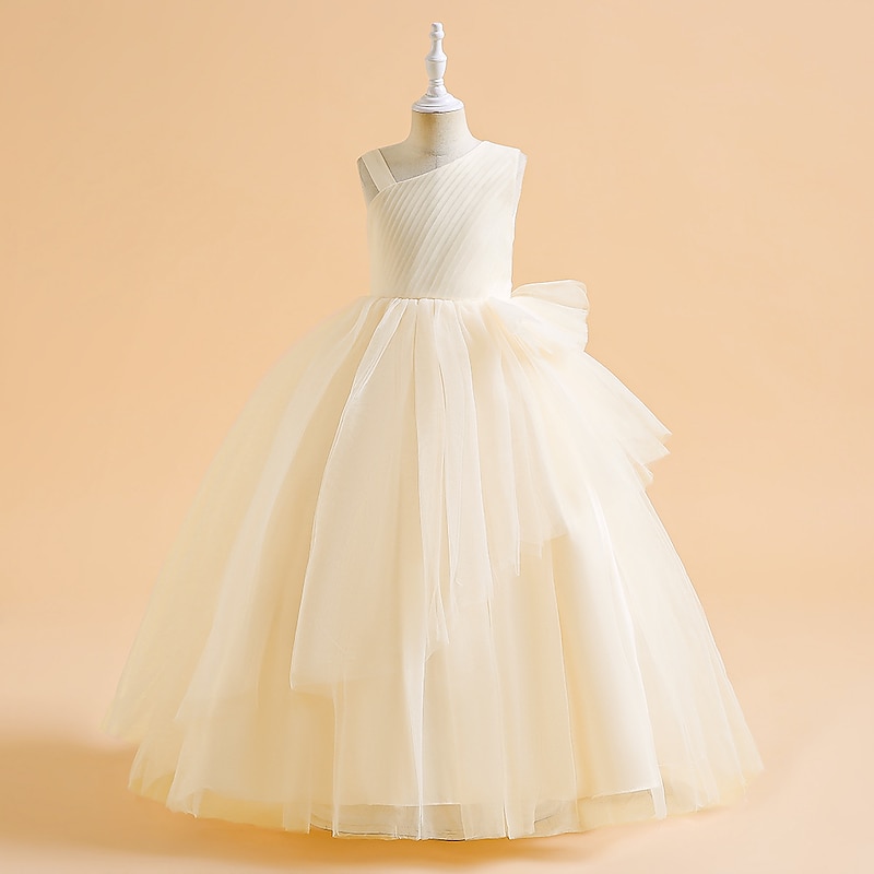 Kids Girls' Party Dress Solid Color Sleeveless Formal Performance Wedding Ruched Elegant Princess Cotton Maxi Party Dress Flower Girl's Dress Spring Fall Winter 4-12 Years White Champagne Pink3