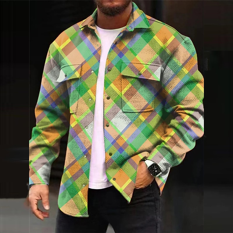 Men's Plaid Geometric Pattern Gradient Ramp Shirt Shirt Jacket Overshirt Long Sleeve Casual Outdoor Street Casual Daily Fall & Winter Turndown Buttons Pocket Print Pink Red Blue Purple Green3