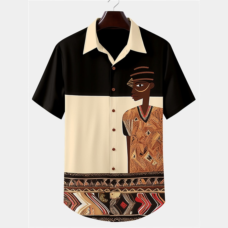 Men's Geometric Pattern Tribal Bandana Print Shirt Button Up Shirt Short Sleeve Vintage Tribal Outdoor Street Casual Daily Fall Turndown Buttons Print Brown khaki2