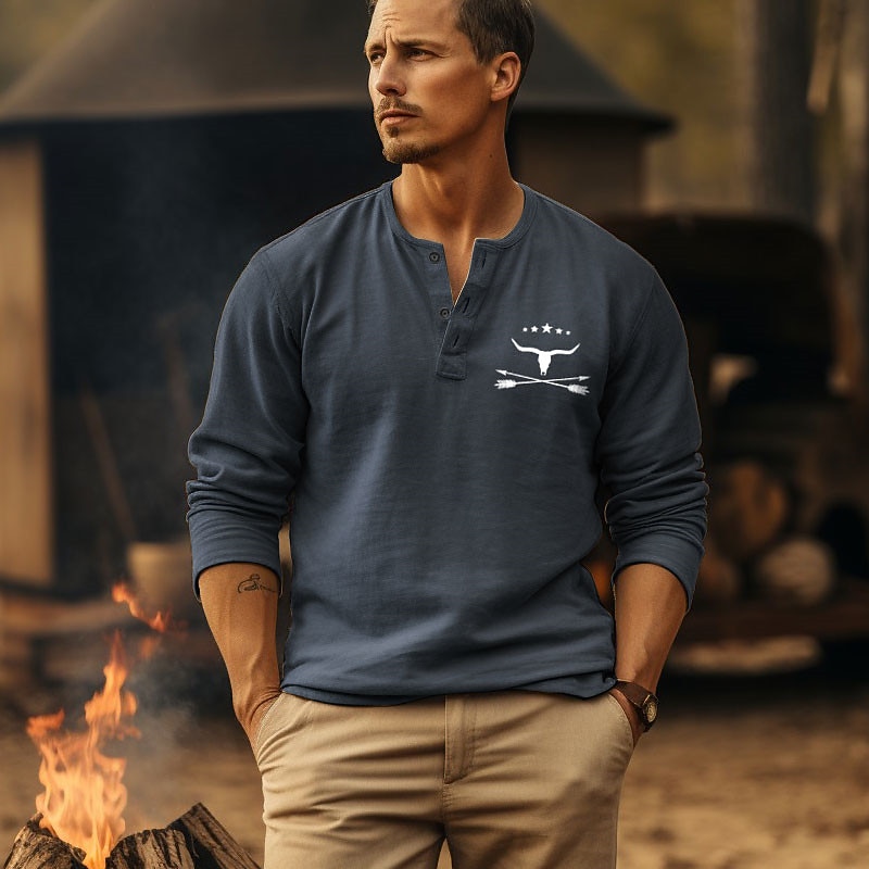 Men's Graphic Camping Cowboy Henley Shirt Long Sleeve 3D Print Daily Casual Vintage Retro Sports Outdoor Casual Going out Spring &  Fall Black Navy Blue Brown Army Green Gray Henley Henley T-Shirt4