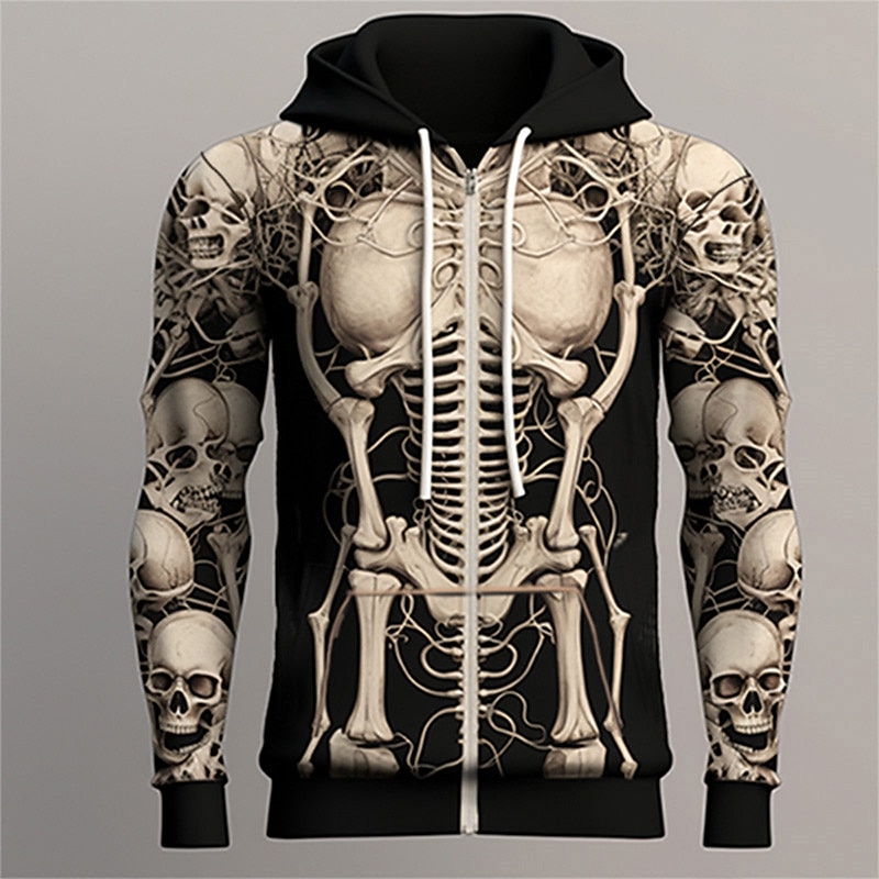 Halloween Day of the Dead Skull Men's Color Block Graphic Prints Skeleton Hoodie Hoodies Sweatshirt Classic Casual Long Sleeve Hooded Vacation Holiday Streetwear Light Print Spring Fall Designer2