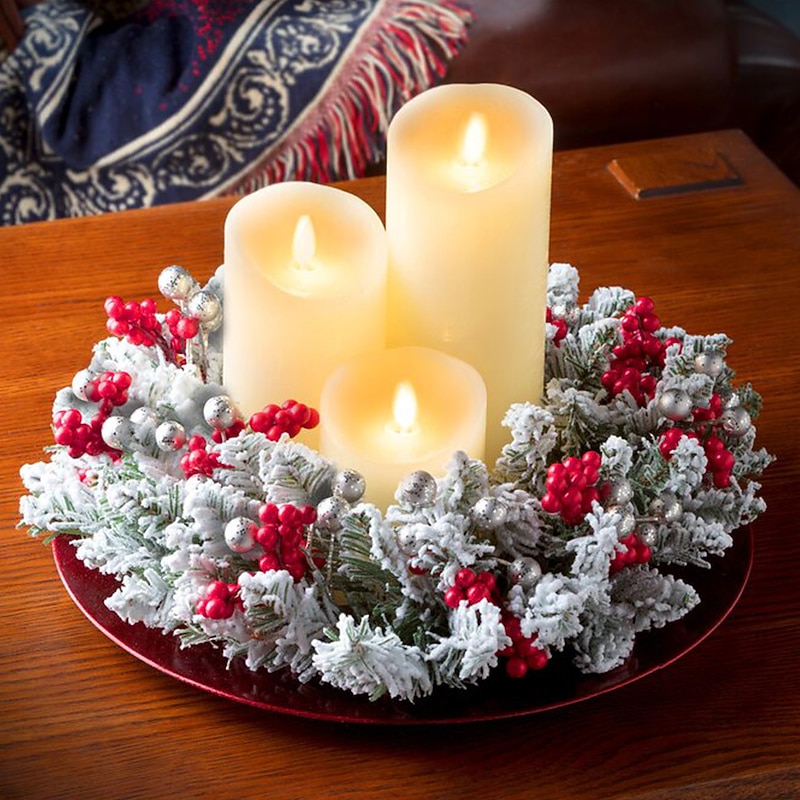 Christmas Candle Garland Rings Flocked Red Fruits Candle Holder Garland Artificial Berries Candle Rings with Pine Cones Mini Wreaths Christmas Centrepiece for Table(Without Candle)