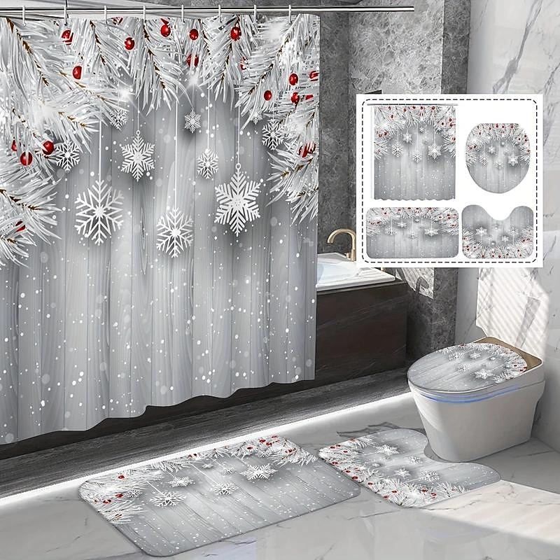 Christmas Snowflakes Shower Curtains, Non-Slip Rugs, Toilet Lid Cover & Bath Mat, Merry Xmas Bathroom Decor, Waterproof Shower Curtain, With 12 Hooks Xmas Decorations2