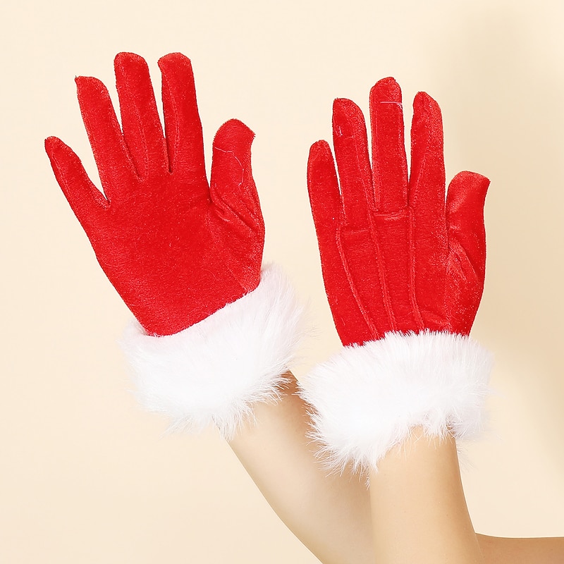 Christmas Red Short Gloves Santa Calus Mrs.Calus Party Decoration Velvet with White Faux Fur Accessories New Years Cosplay Costume2
