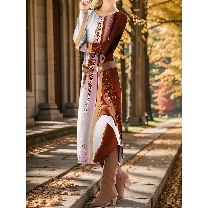 Women's Midi Dress Winter Dress Ethnic Dress Print Dress Vintage Ethnic Tribal Outdoor Vacation Daily Loose Fit Geometric Color Block Tribal Long Sleeve Crew Neck Black Red Brown Khaki Fall Winter2